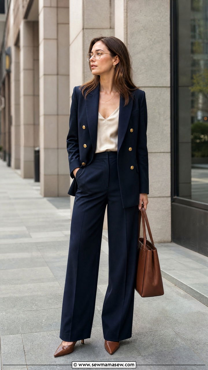 Double Breasted Blazer With Wide Leg Trousers - 25 classy librarian core outfits