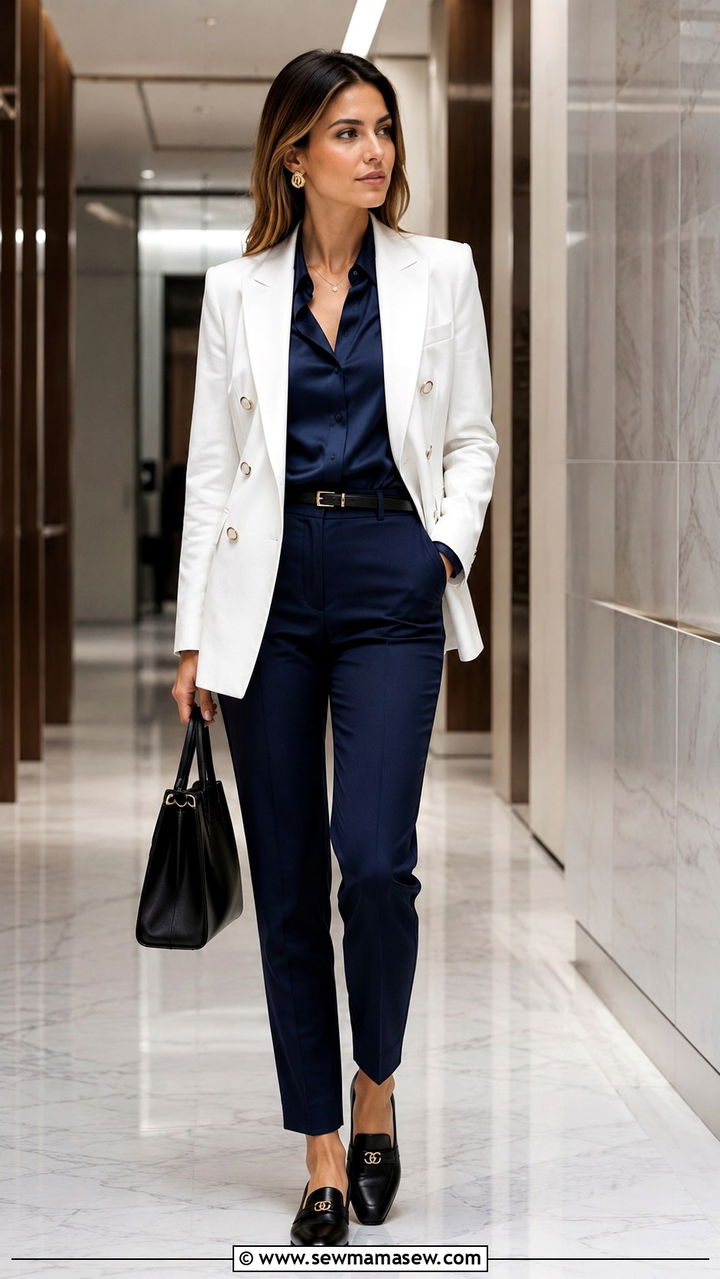 Double Breasted Blazer and Cigarette Trousers With Gucci Loafers - 25 Old money outfit ideas with Gucci loafers
