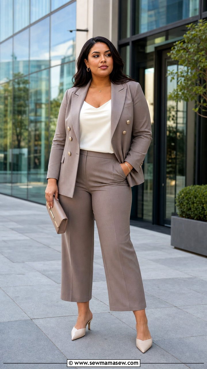 Double Breasted Blazer and Cropped Wide Leg Pants Outfit - 35 Business casual outfits for curvy women