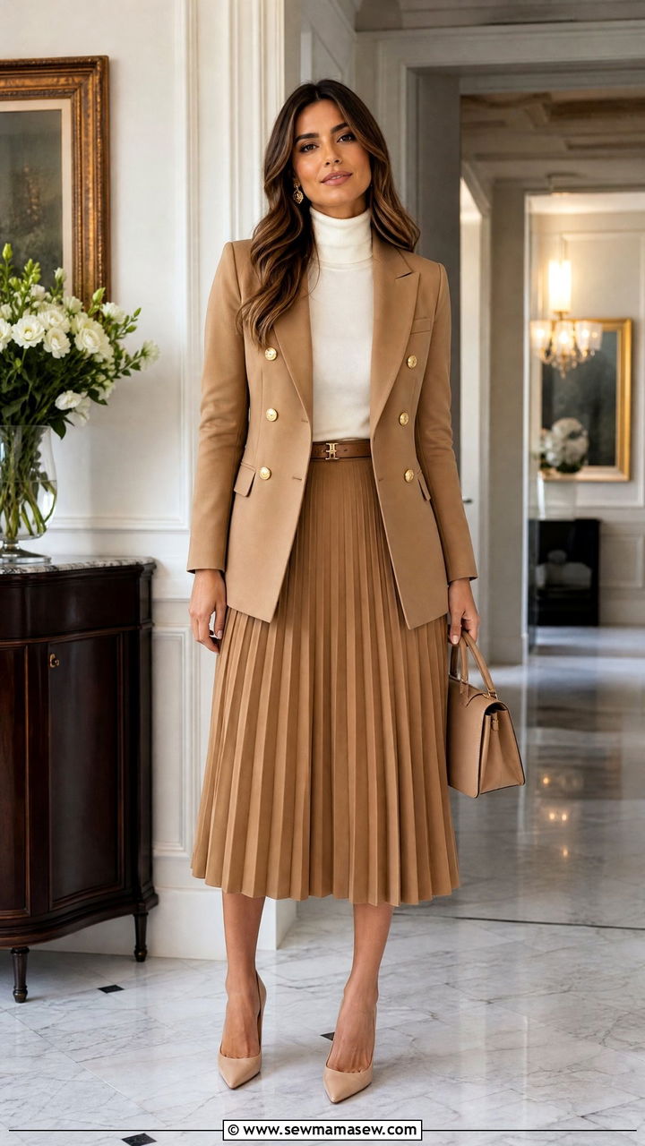 Double Breasted Blazer and Pleated Skirt Set - 30 Matching set outfit ideas for work
