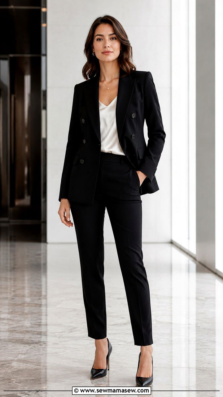 Double Breasted Blazer and Slim Fit Black Trousers Outfit - 30 Quiet luxury wardrobe essentials