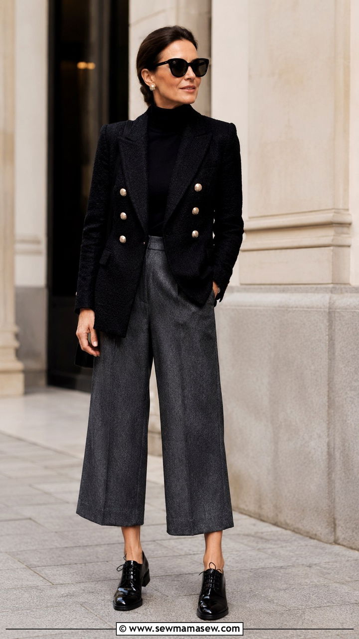 Double Breasted Blazer and Turtleneck with Cropped Wide Leg Pants - 20 dark academia outfit ideas for women over 40