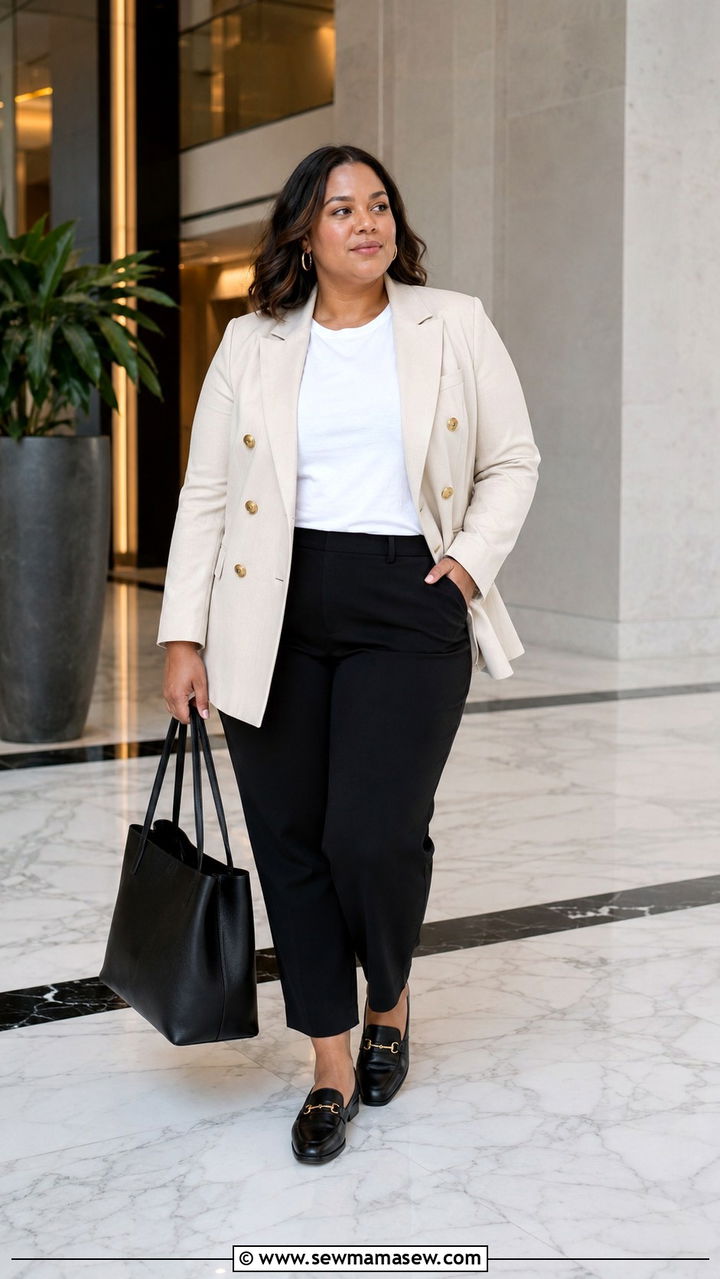 Double Breasted Blazer with Cropped Trousers and Loafers - 30 Plus size corporate outfit ideas