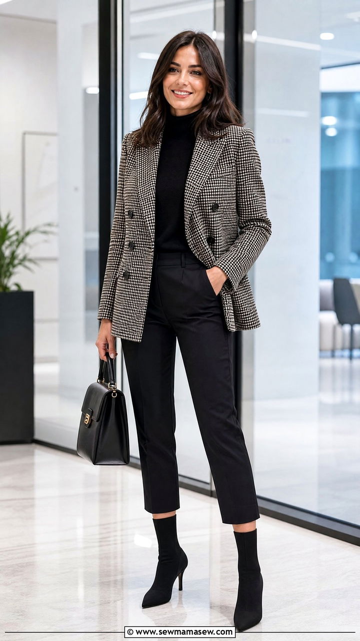 Double Breasted Blazer with Cropped Trousers and Sock Boots - 25 Business casual outfits with boots