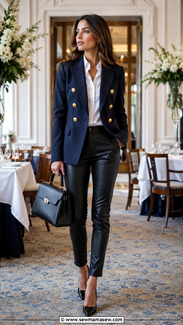 Double Breasted Blazer with Leather Pants Outfit - 30 Leather pants outfit ideas with a blazer