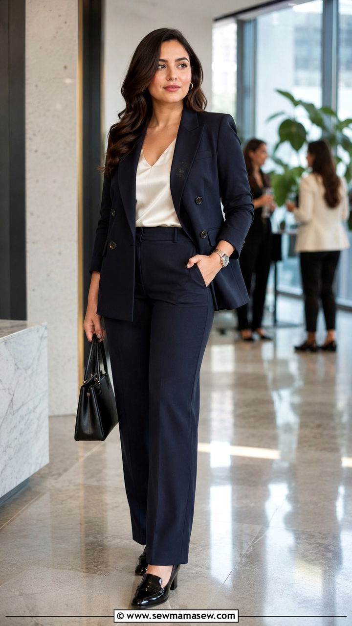 Double Breasted Blazer with Straight Leg Trousers - 25 Outfit ideas for size 10 hourglass