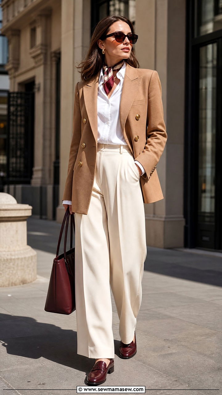 Double Breasted Blazer with Wide Leg Trousers and Loafers - 35 jacket outfits ideas
