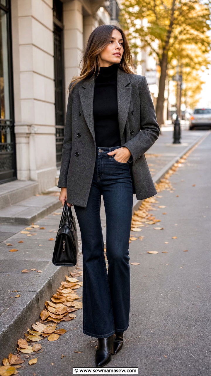Double Breasted Blazer with a Turtleneck and Dark Flare Jeans - 30 Flare jeans outfit ideas with a blazer