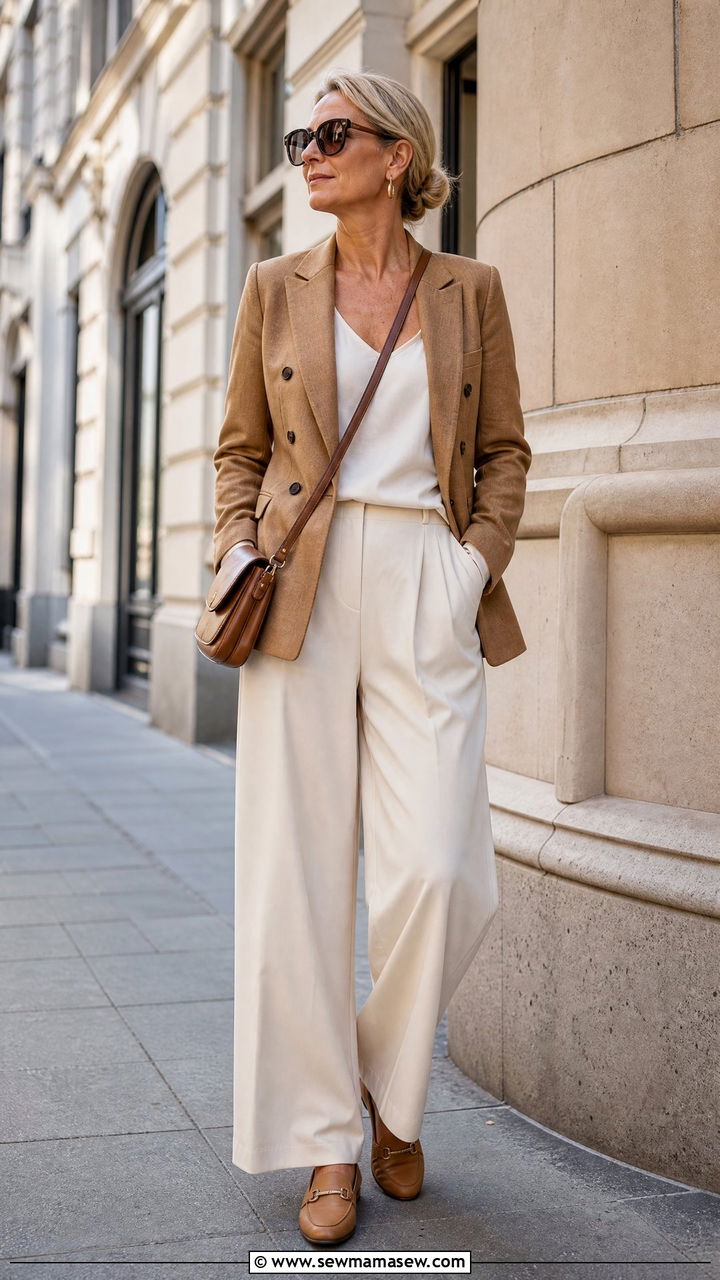 Double Breasted Camel Blazer with Wide Leg Cream Trousers - 30 scandinavian outfit ideas for women over 40
