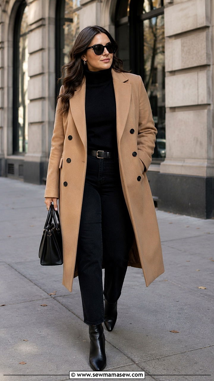 Double Breasted Camel Coat Over All Black Base - 30 Minimalist outfits for curvy women