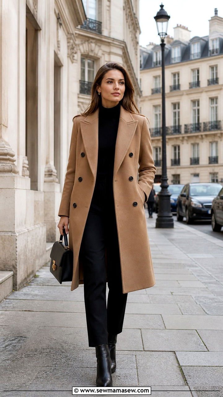 Double Breasted Camel Coat Over All Black Separates - 40 old money outfit ideas for women