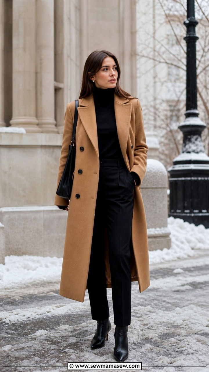 Double Breasted Camel Coat With Black Turtleneck And Black Trousers - 40 old money outfits