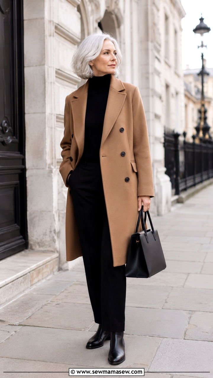 Double Breasted Camel Coat with All Black Base - 30 Minimalist outfits for women over 60