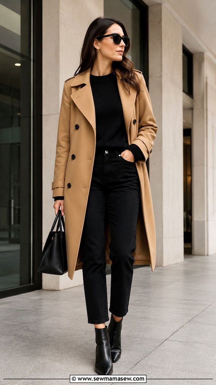 Double Breasted Camel Trench Coat With Black Cropped Jeans And Ankle Boots - 25 Black jeans outfit ideas with a trench coat
