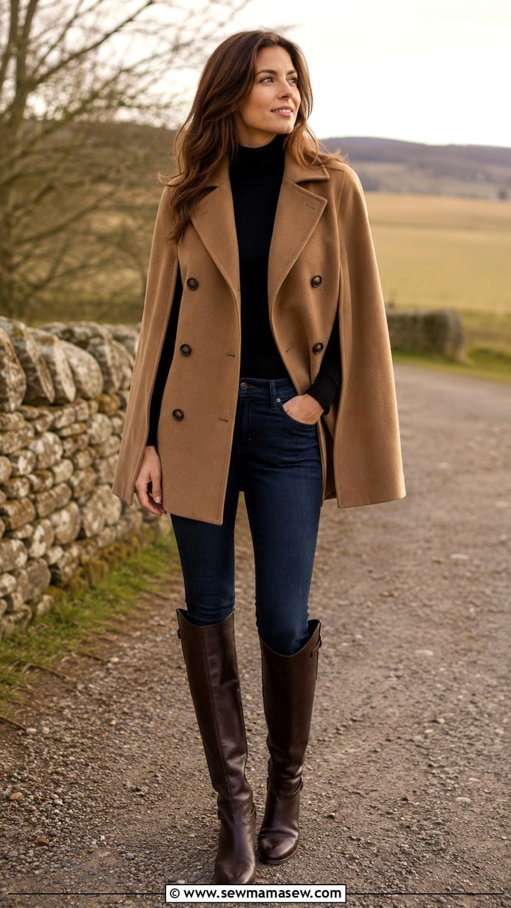 Double Breasted Cape Coat with Riding Boots and Skinny Jeans - 30 Double breasted coat outfit ideas