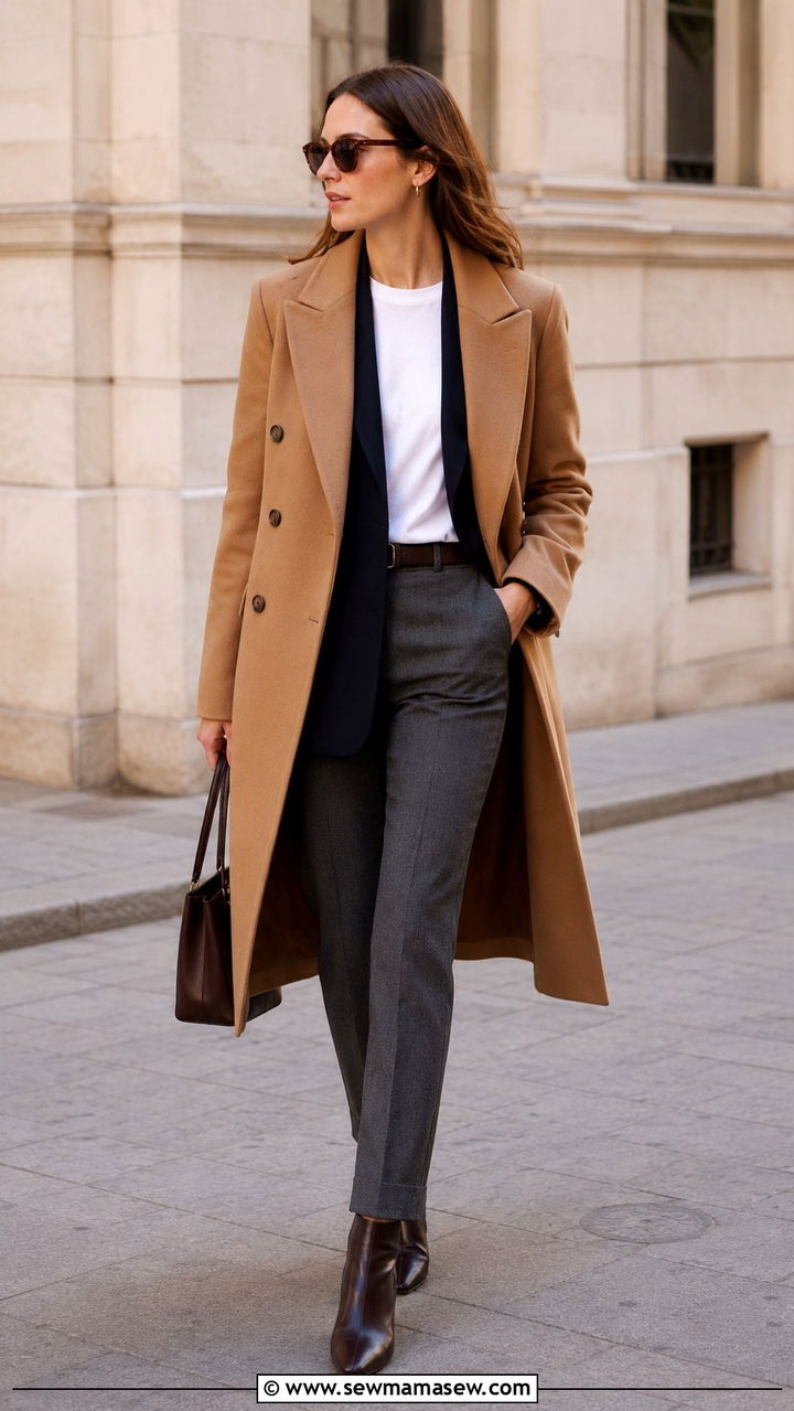 Double Breasted Coat Layered Over a Blazer and Tailored Trousers - 30 Double breasted coat outfit ideas