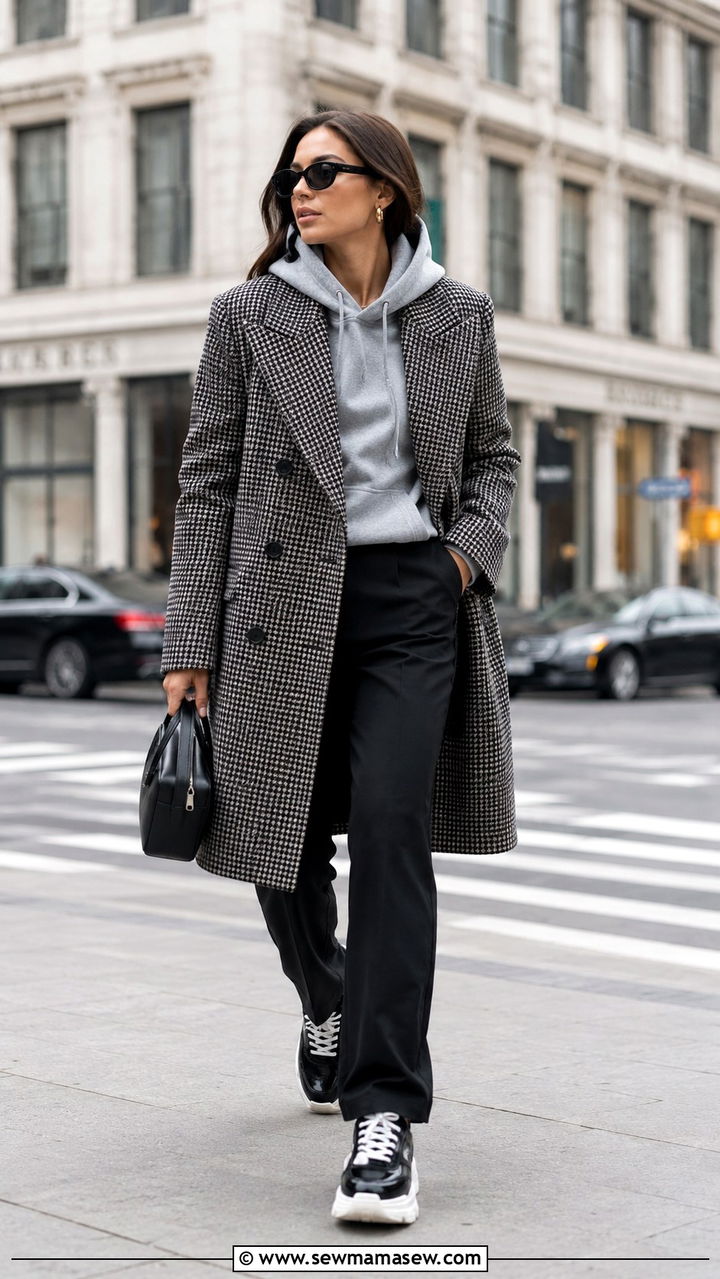 Double Breasted Coat Over A Hoodie And Tailored Trousers - 30 transitional outfits Pinterest