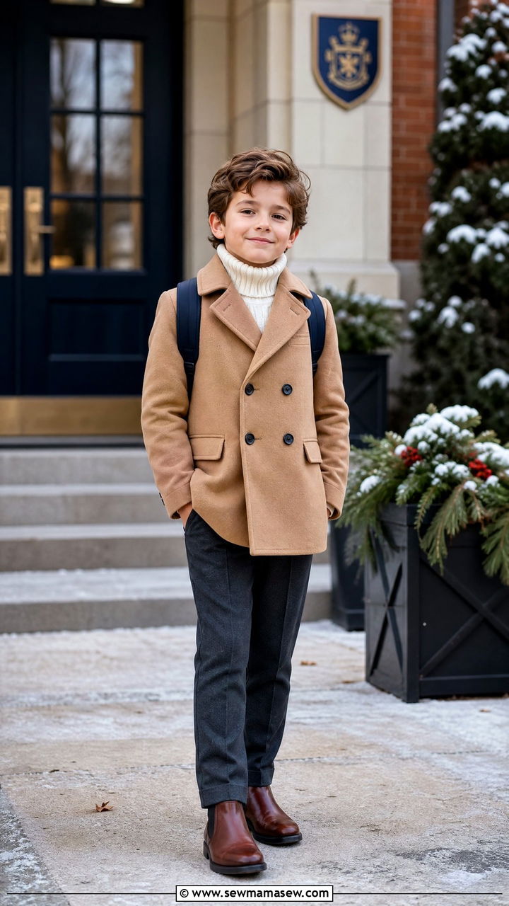 Double Breasted Coat Over A Roll Neck And Trousers - 25 Kid outfit ideas for school picture day