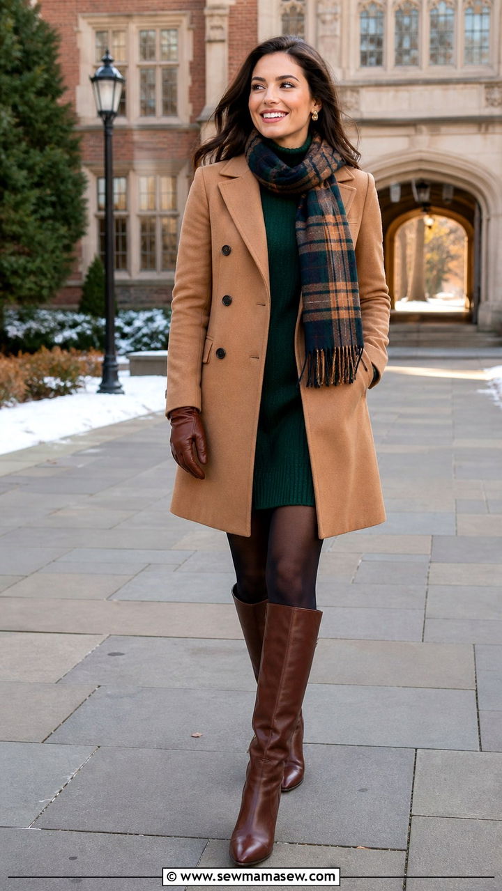 Double Breasted Coat Over A Sweater Dress - 40 back to school outfit ideas