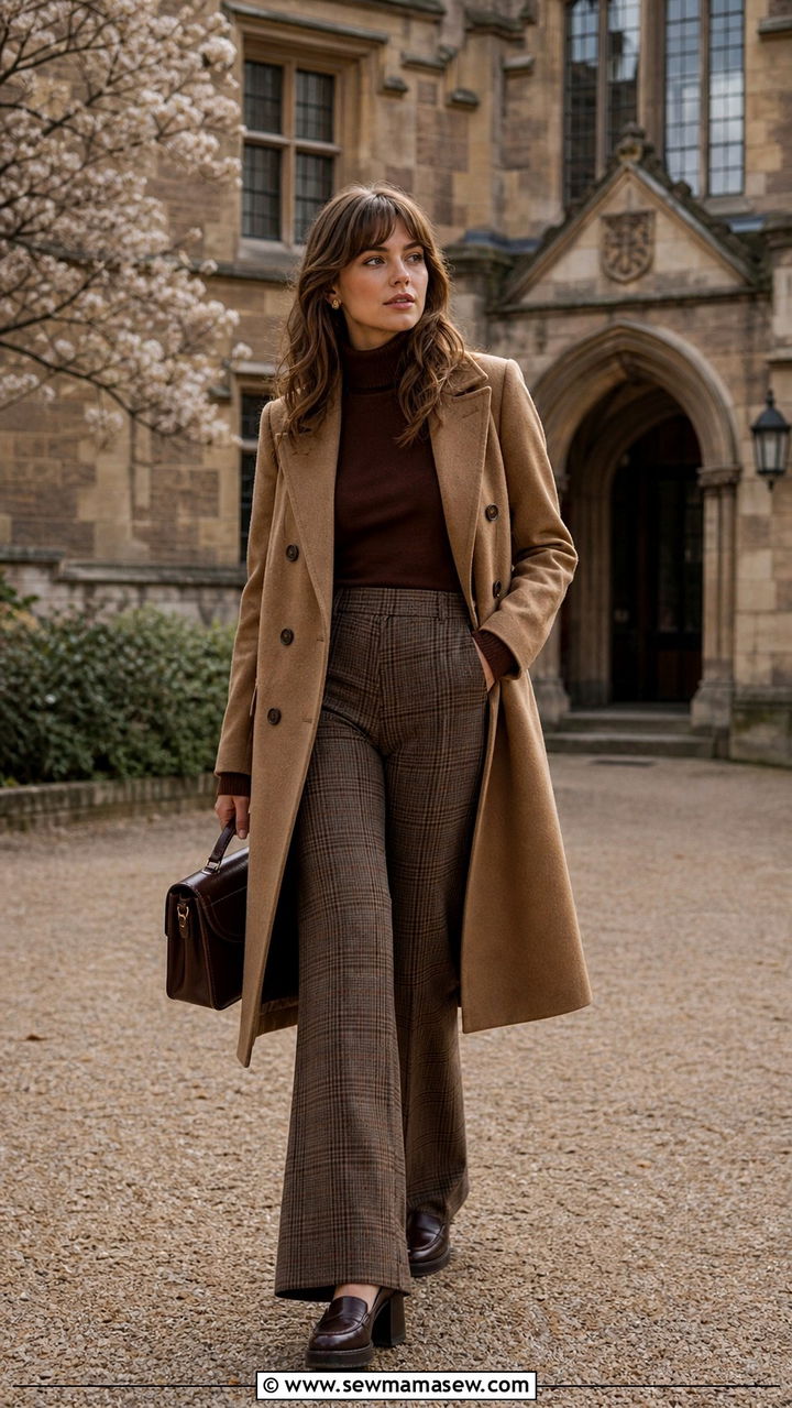 Double Breasted Coat Over Plaid Flared Trousers - 20 dark academia outfits to copy