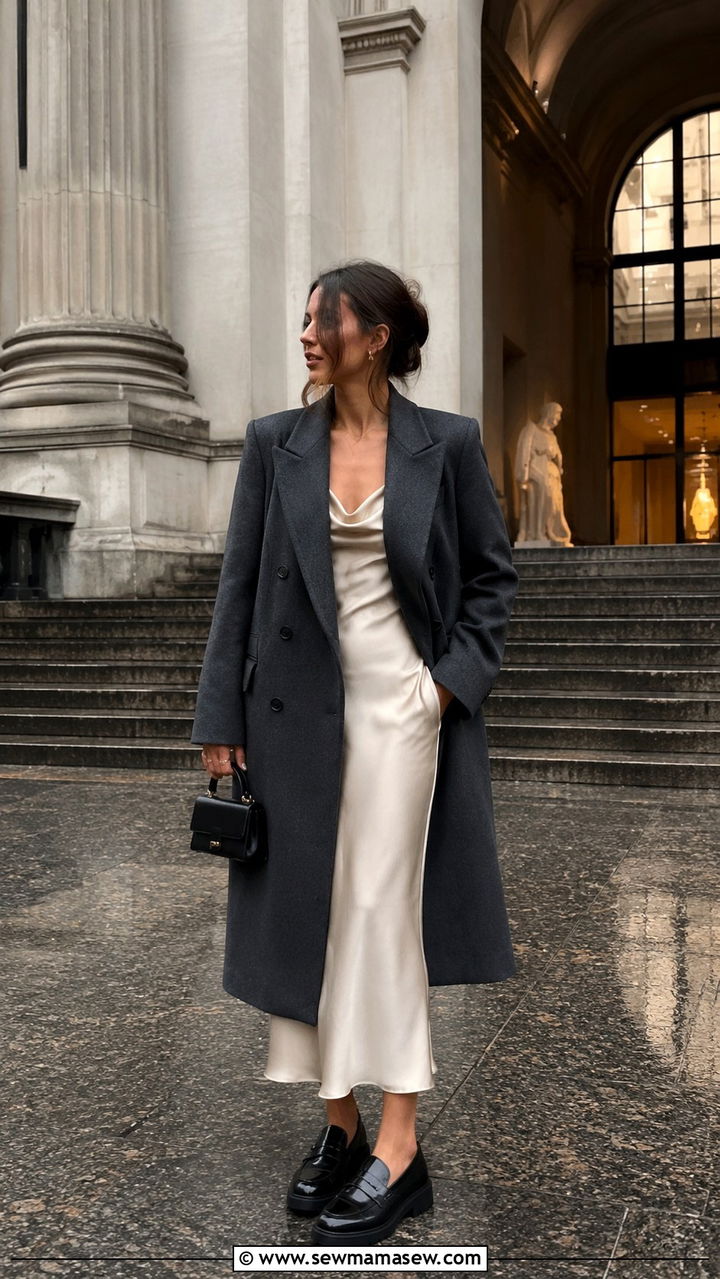 Double Breasted Coat With Slip Dress And Chunky Loafers - 30 Rainy day travel outfit ideas