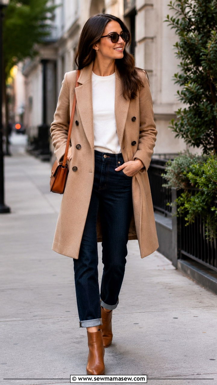 Double Breasted Coat With Straight Leg Denim - 20 Quiet luxury outfit ideas Max Mara style