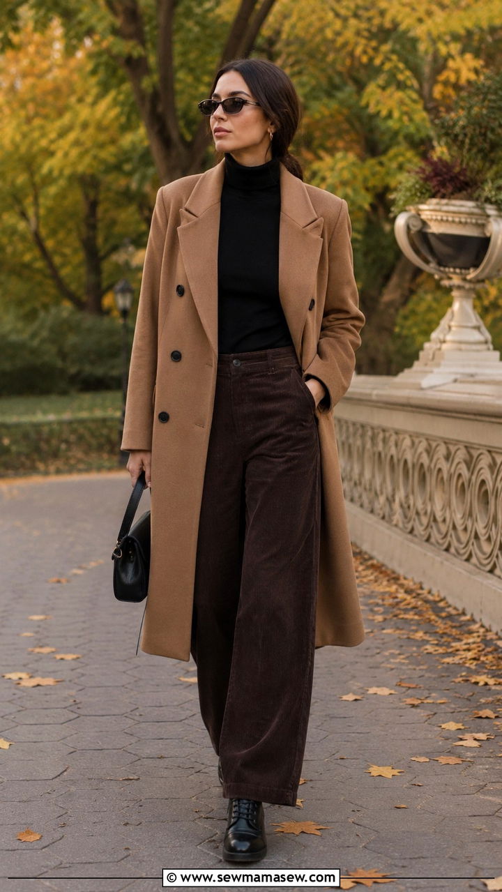 Double Breasted Coat With Turtleneck and Corduroy Pants - 30 casual model off duty outfits