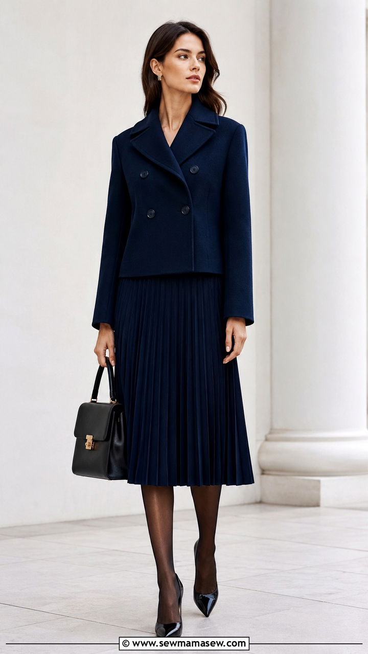 Double Breasted Coat over Pleated Midi Skirt - 20 Old money outfit ideas Gwyneth Paltrow