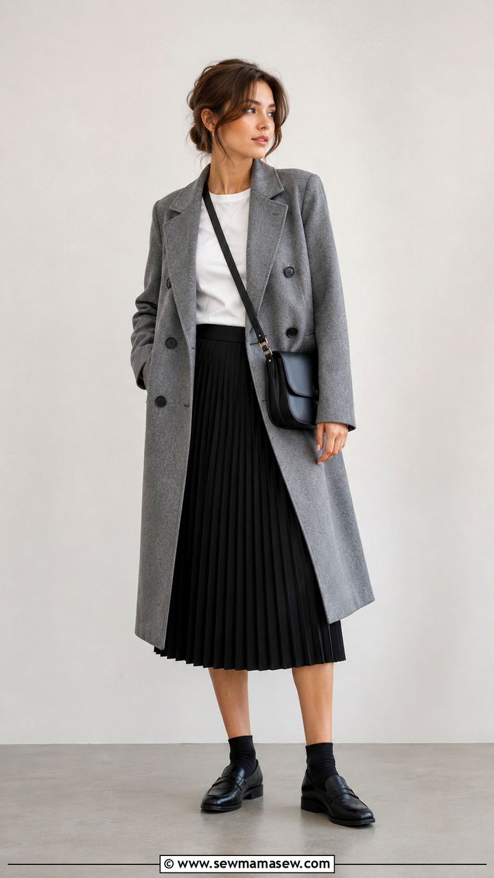 Double Breasted Coat with Pleated Midi Skirt and Loafers - 30 Double breasted coat outfit ideas