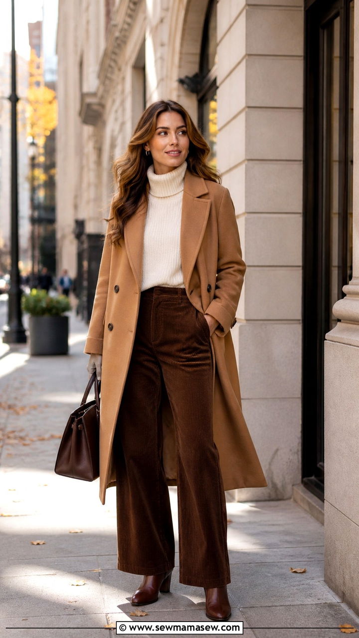 Double Breasted Coat with Roll Neck and Corduroy Pants - 40 transitional outfits