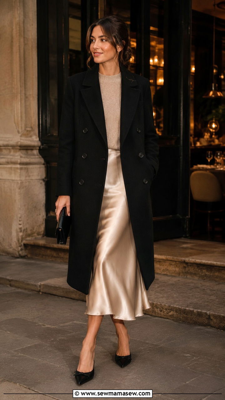 Double Breasted Coat with Satin Midi Skirt and Kitten Heels - 30 Double breasted coat outfit ideas