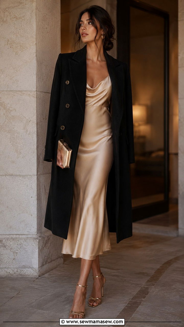Double Breasted Coat with Slip Dress and Strappy Heels - 30 Double breasted coat outfit ideas
