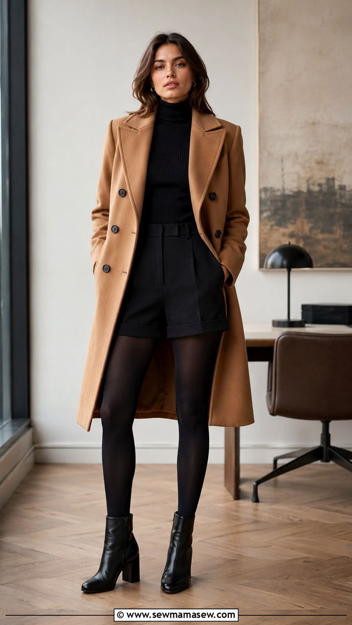 Double Breasted Coat with Tailored Shorts and Opaque Tights - 30 Double breasted coat outfit ideas