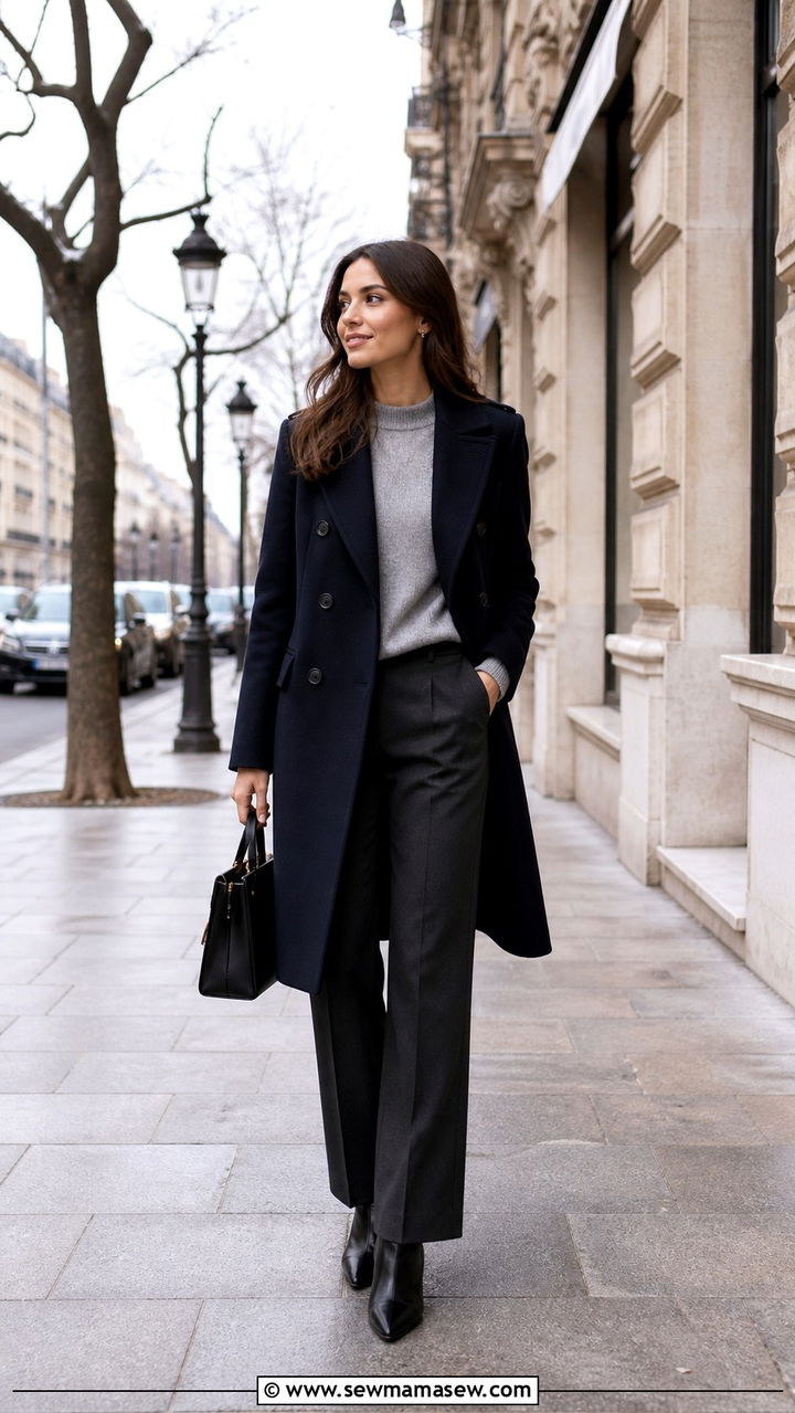 Double Breasted Coat with Tailored Trousers and Heeled Boots - 40 Europe travel outfits
