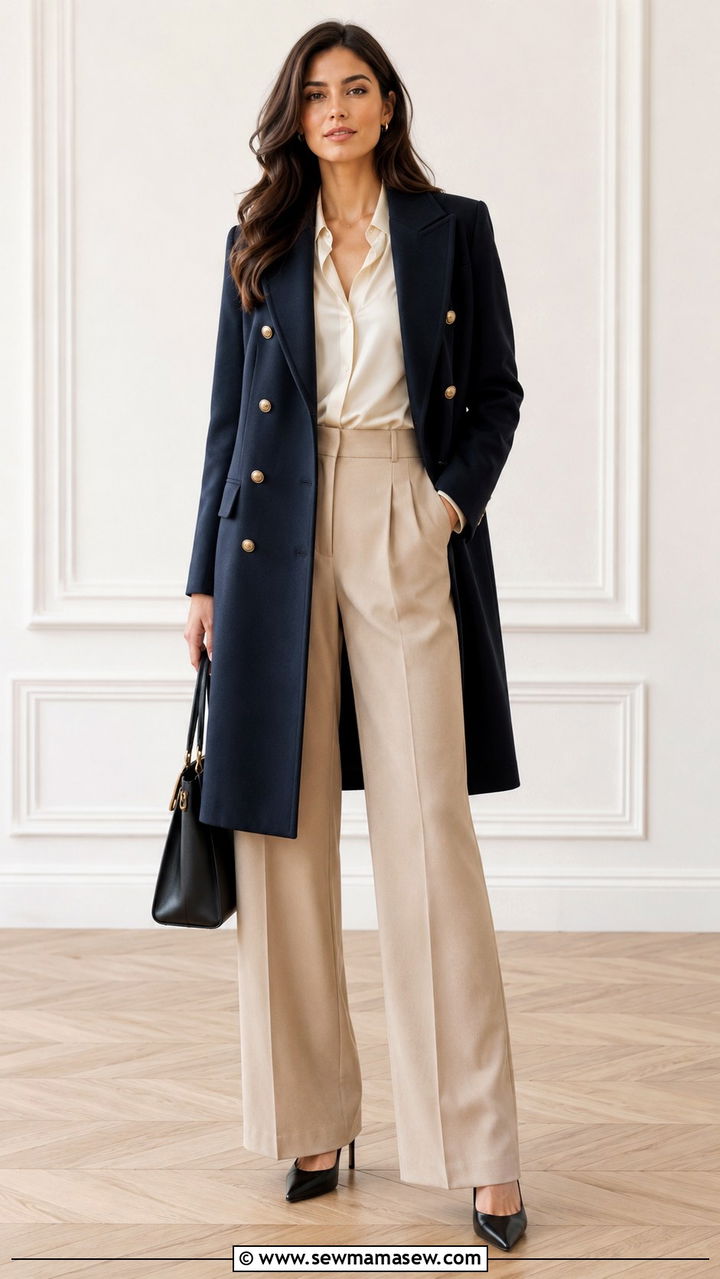 Double Breasted Coat with Wide Leg Trousers and Pointed Pumps - 30 Double breasted coat outfit ideas