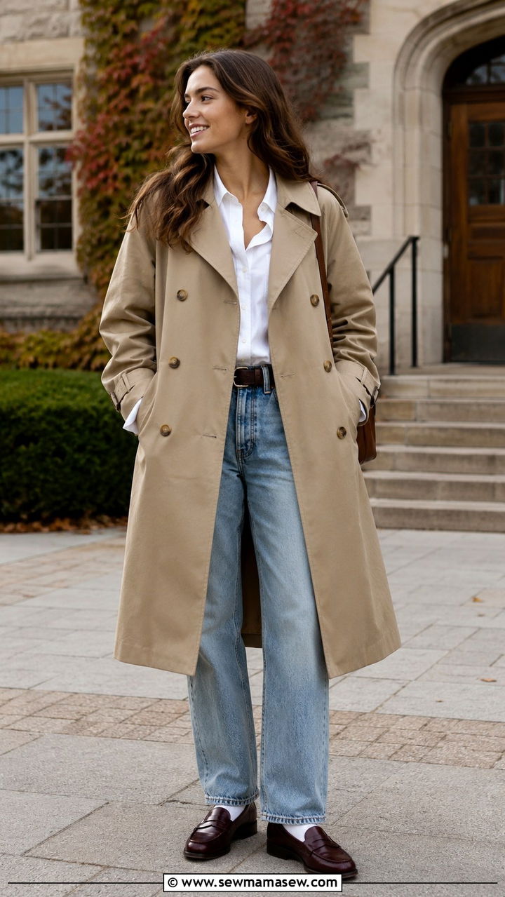 Double Breasted Khaki Trench Coat with Faded Jeans and Penny Loafers - 30 Khaki trench coat outfit ideas with jeans