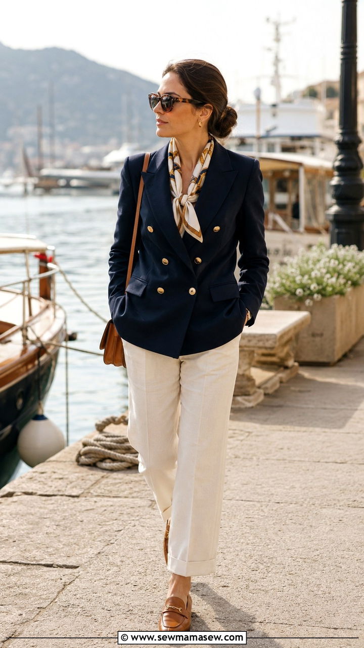 Double Breasted Navy Blazer and Linen Trousers - 30 Old money outfits for petite women