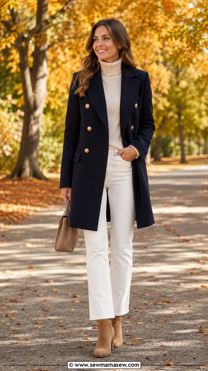 Double Breasted Navy Coat With White Jeans And Tan Boots - 30 Quiet luxury outfit ideas with jeans