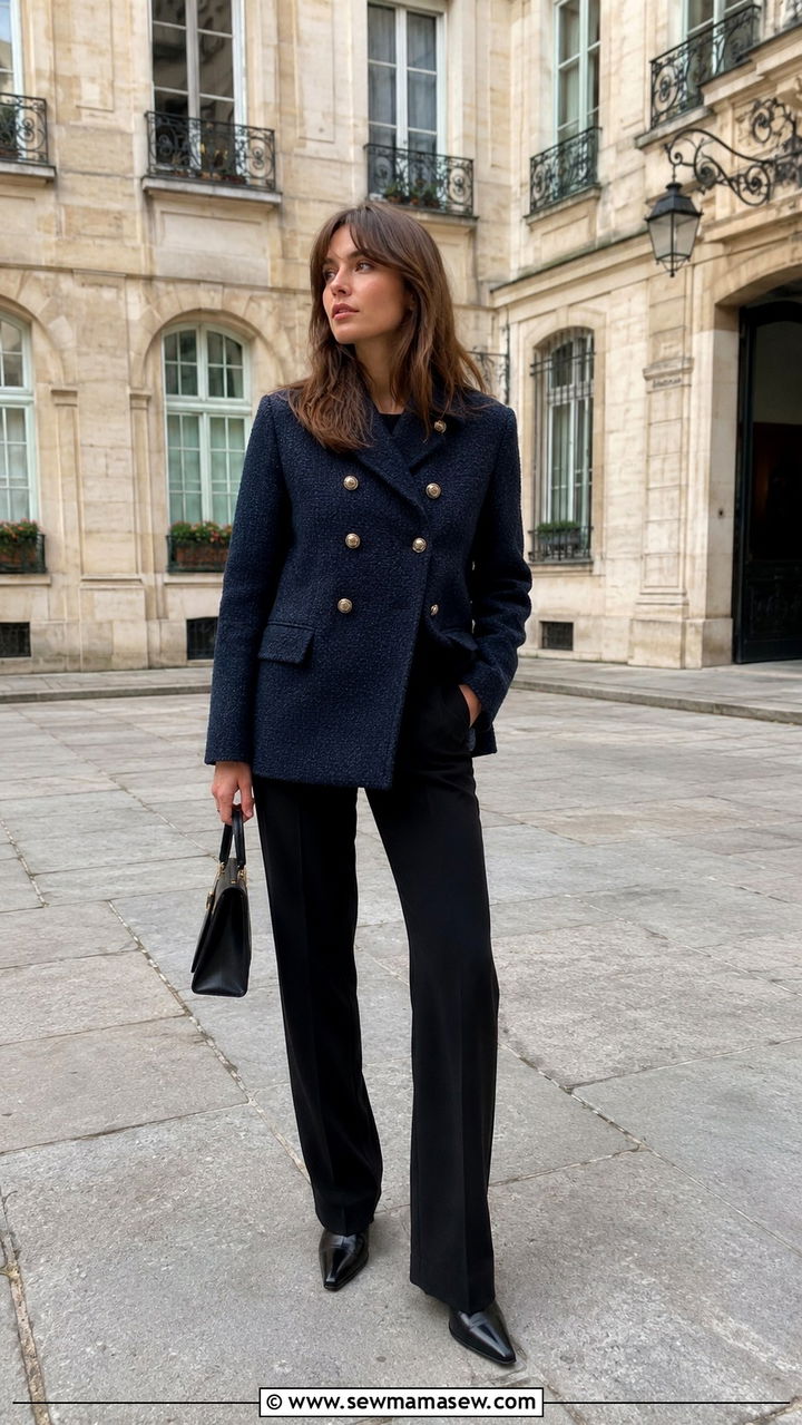 Double Breasted Navy Tweed Coat With Black Trousers - 20 French girl outfit ideas Caroline de Maigret