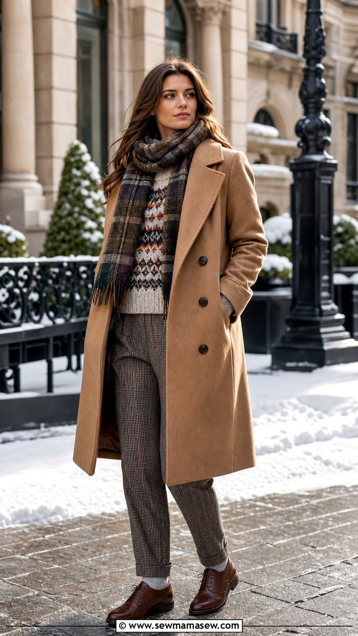 Double Breasted Overcoat With Chunky Sweater and Plaid Trousers - 25 Eclectic grandpa outfit ideas