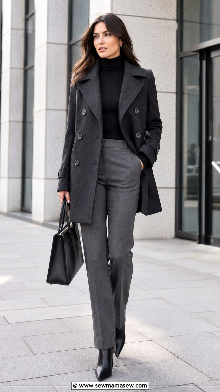 Double Breasted Pea Coat with Turtleneck and Tailored Trousers - 30 How to style a pea coat