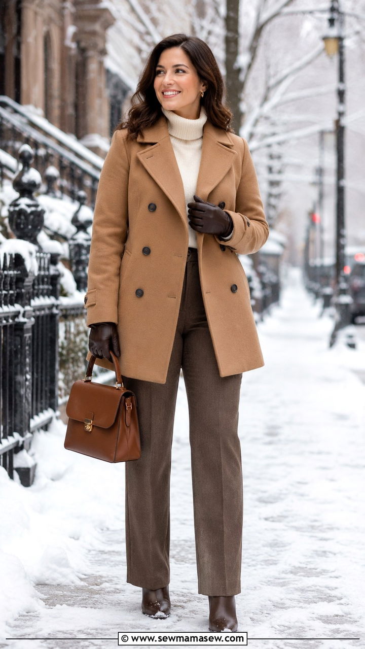 Double Breasted Peacoat and Straight Leg Trousers Outfit - 30 midsize outfit ideas for women