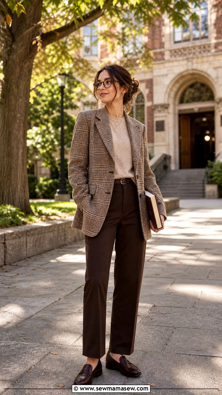 Double Breasted Plaid Blazer And Straight Leg Trousers - 25 cute librarian core outfits