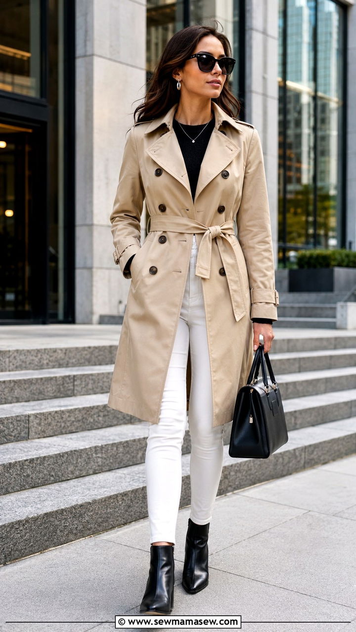 Double Breasted Trench Coat And White Jeans - 25 White jeans outfit ideas with a trench coat