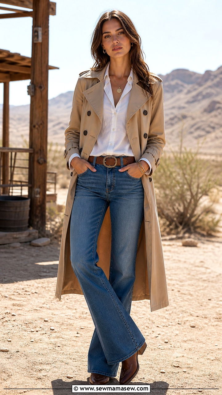 Double Breasted Trench Coat With Bootcut Jeans and Western Boots - 30 Long trench coat outfit ideas with jeans