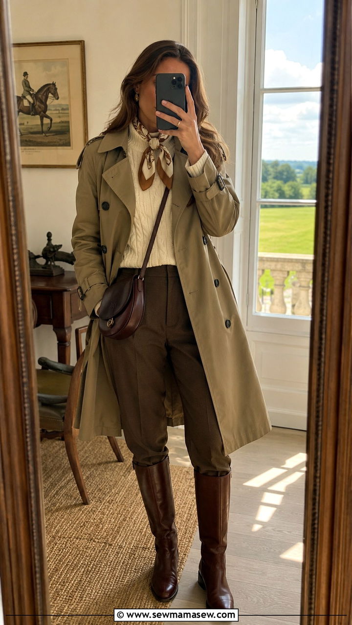 Double Breasted Trench Coat With Cable Knit Sweater And Riding Boots - 25 Old money outfit ideas with trench coat