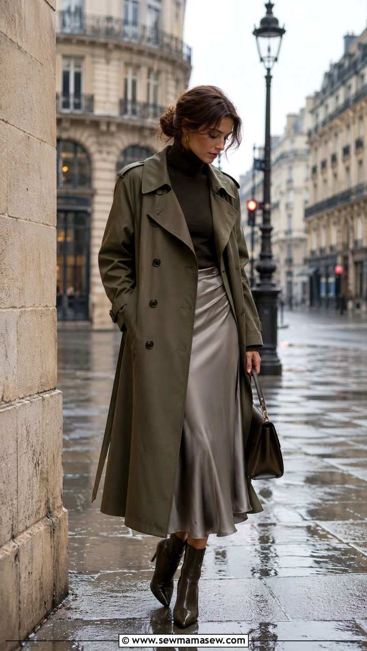 Double Breasted Trench Coat With Midi Skirt And Ankle Boots - 25 rainy day outfits Pinterest