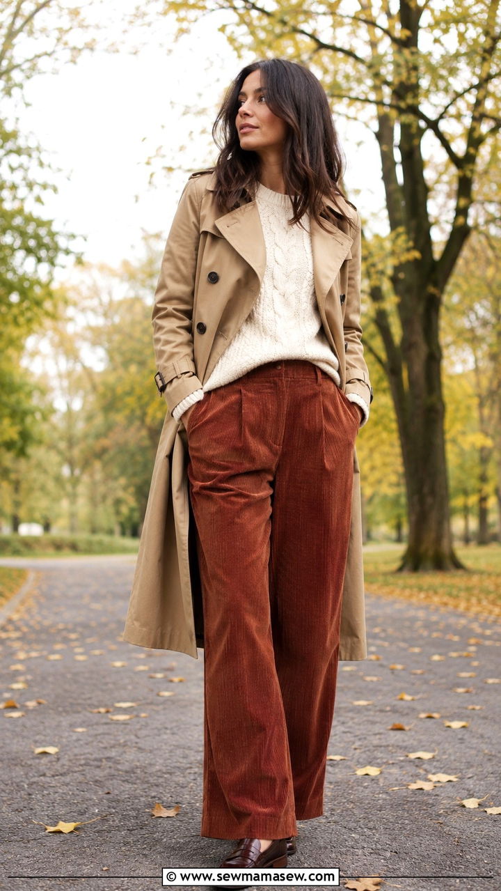 Double Breasted Trench Coat with Corduroy Pants and Loafers - 30 trench coat outfits inspo