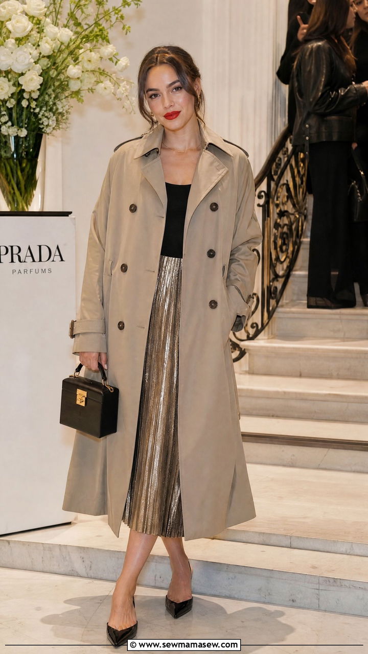 Double Breasted Trench Coat with Pleated Midi Skirt - 30 Summer outfits with trench coats