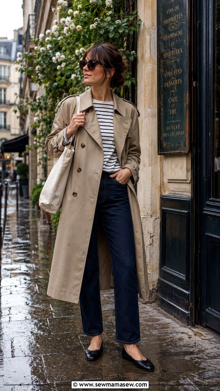 Double Breasted Trench Coat with Straight Leg Jeans and Ballet Flats - 30 classy rainy day outfits